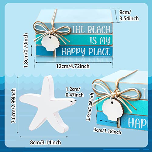 4 Pcs Starfish Shell Beach Tiered Tray Beach Blue Wooden Book Decor Wood Stacked Book Table Centerpiece for Summer Rustic Farmhouse Home Living Room Decorative(Starfish Shell)