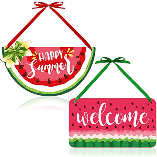 2 Pieces Watermelon Hanging Sign Summer Watermelon Hanging Door Sign Decor for Happy Summer Front Door Wreath Home Wall Decor with Rope