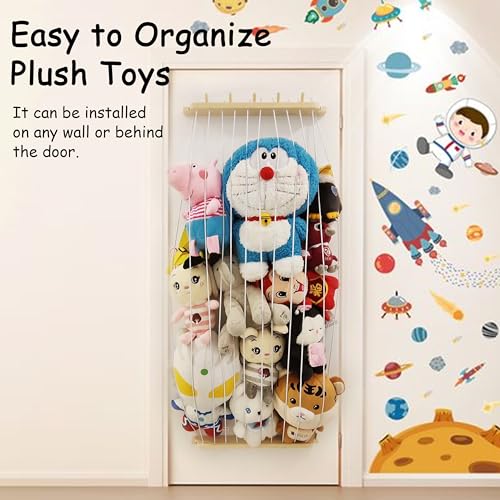 KSXLIUC Stuffed Animal Storage Wood Plush Toys Holder with Hooks, Length Adjustable Hanging Stuffed Animal Toy Organizer Shelf for Nursery Kid Room Play Room Bedroom