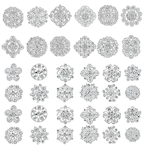 MEEDOZ 36 Pieces Crystal Rhinestone Flower Brooches for DIY Craft Party (Silver 36pcs)