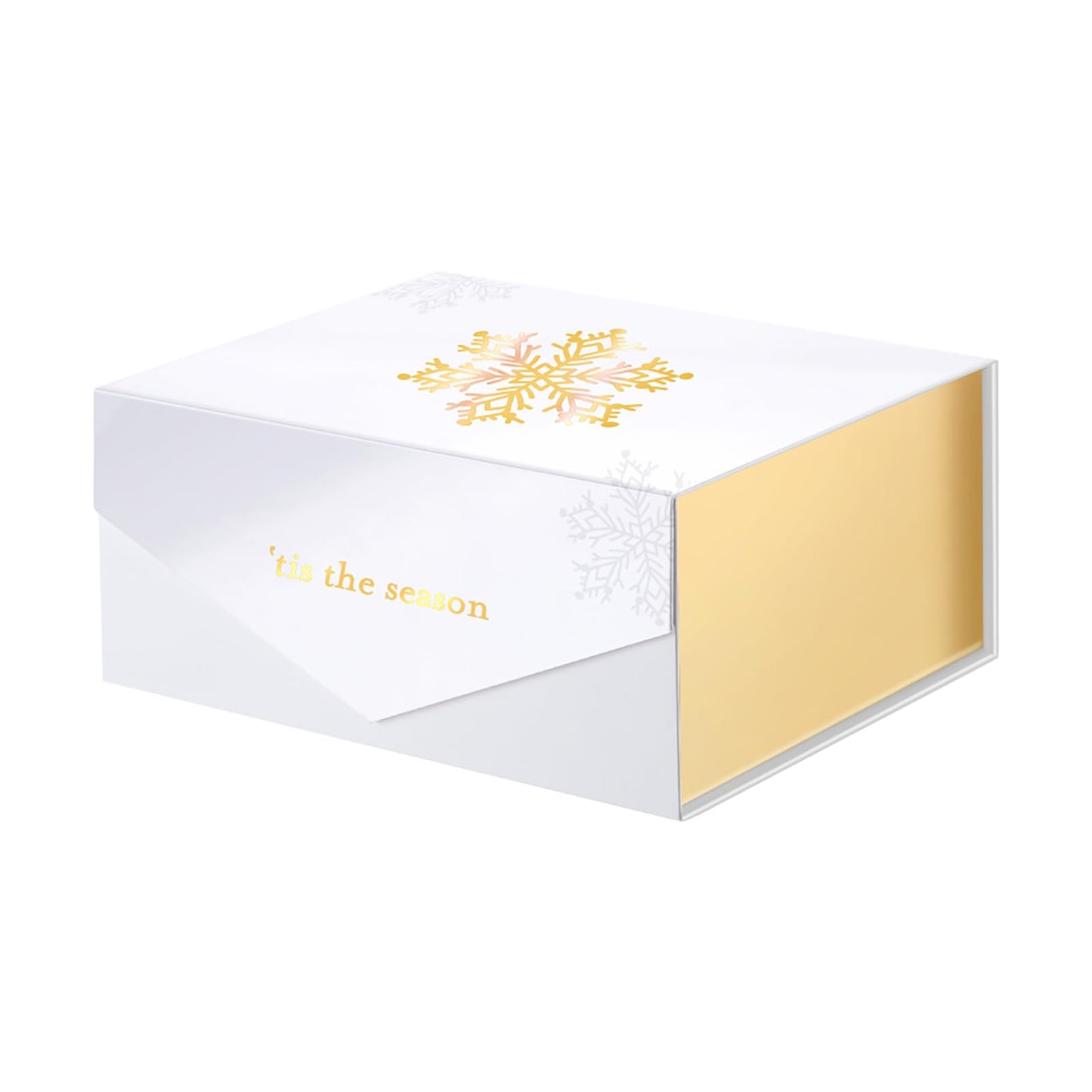 PACKHOME Christmas Gift Box with Lid 9x6.5x3.8 Inches, Rectangle Collapsible Box with Magnetic Lid for Gift Packaging (Gold Snowflake Pattern)