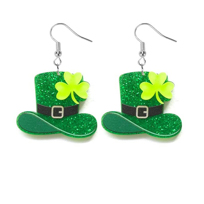 St Patrick's Day Earrings for Women Cute Funny Acrylic Irish Shamrock Dangle Earrings Green Clover Hat Horseshoe Drop Earrings Good Luck St. Patrick's Day Holiday Accessories Jewelry (Hat)