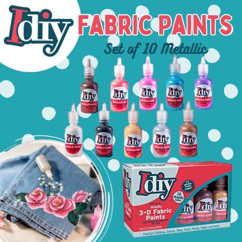 Fabric Paints Set of 10 Metallic Colors (1oz bottles) Bright 3D Fabric T Shirt Clothing Soft Paint, Non-Toxic Water-Based, Washable, Permanent, Classroom, Kids Birthday Party Art Craft, Holiday Craft