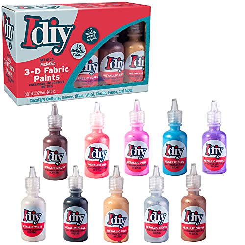 Fabric Paints Set of 10 Metallic Colors (1oz bottles) Bright 3D Fabric T Shirt Clothing Soft Paint, Non-Toxic Water-Based, Washable, Permanent, Classroom, Kids Birthday Party Art Craft, Holiday Craft