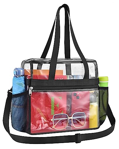 Paxiland Clear Bag for Stadium Events 12x6x12, Large Clear Tote Lunch Bag Stadium Approved with Reinforced Shoulder Straps for Concert Outfits and Festival, Transparent Handbag for Women - Black