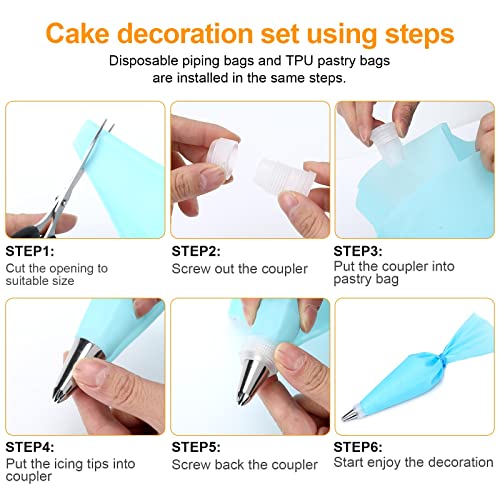110Pcs Piping Bags and Tips Set, Cake Decorating Kit with 100 Disposable Pastry bags, 1 Reusable Silicone Piping Bag, 6 Stainless Steel Piping Tips, 1 Coupler, 2 Frosting Bags Ties