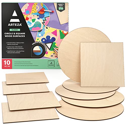 ARTEZA MDF Wood Slices, Set of 10, 5 x 11.8-Inch Circles and 5 x 9.05-Inch Squares, Unfinished Wooden Pieces for DIY Craft and Art Projects