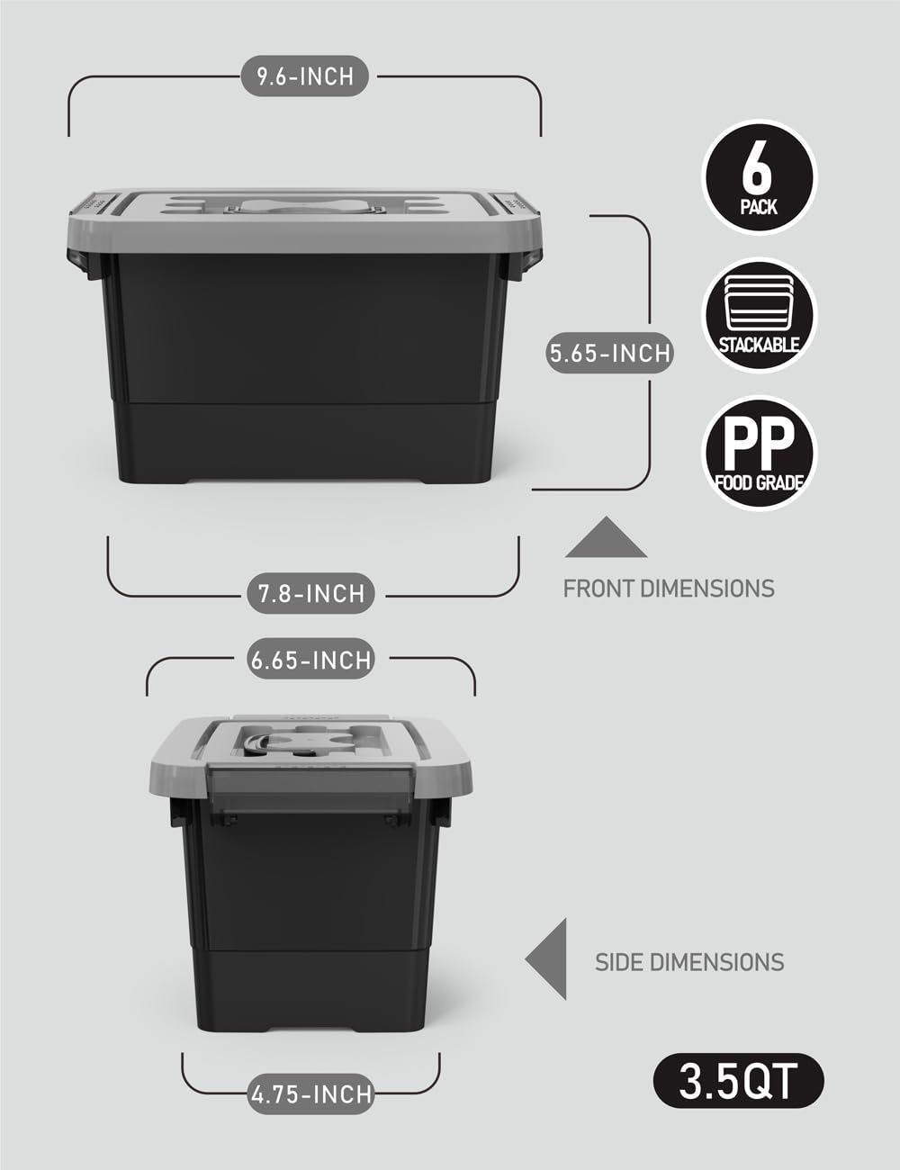 WYT Plastic Storage Bins with Lids and Latch, 6-Pack Small Stackable Plastic Organizing Box with Buckle and Handle, 3.5 Quart Durable Nestable Totes Containers (Black/Grey)