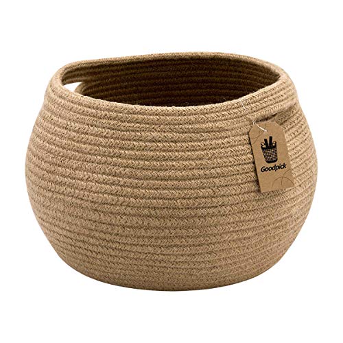 Goodpick Cute Round Basket - Cotton Rope Jute Baskets in Living Room Woven Towel Basket Bedroom Storage Bakset for Children Corner Plant Basket Indoor, Jute, 10" D x 8.3" H