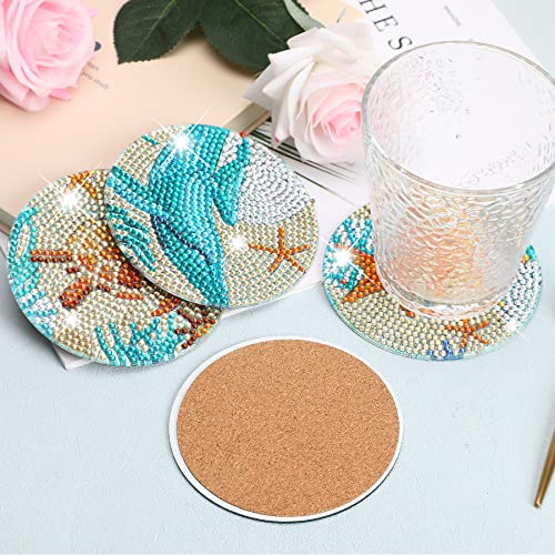 UPINS Ocean Diamond Art Painting Coaster Kit, 8Pcs DIY Crafts Kit with Holder, Non Slip Coaster Art Supplies for Adults, Ideal Christmas Gift