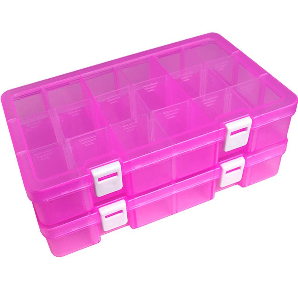 DUOFIRE Plastic Organizer Container Storage Box Adjustable Divider Removable Grid Compartment for Jewelry Beads Earring Tool Fishing Hook Small Accessories(18 grids, Pink X 2)