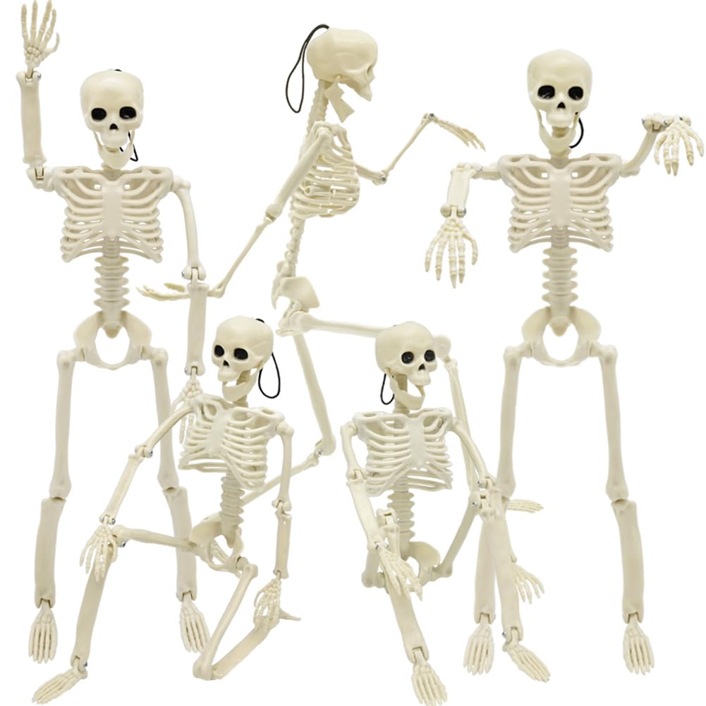 5 Packs Halloween Skeleton Decorations, 16" Halloween Full Body Mini Skeleton with Movable Posable Joints, Spooky Plastic Skeleton for Yard Garden Lawn Haunted House Graveyard Props Decor