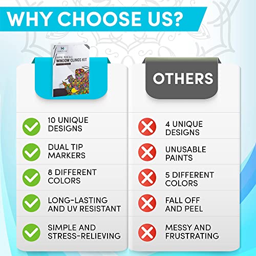 Hula Home Stained Glass Mandala Art Kit - Animal DIY Window Clings with Markers, 10 Suncatchers - Perfect Hobby for Adults, Kids, Teens & Seniors - Ideal Gift for Beginners, Women & Elderly