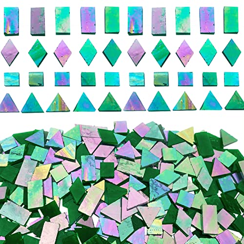 KALUCION Iridescent Green Mosaic Tiles for Crafts, 280 Pieces Mixed 4 Shapes Stained Glass Sheets, Stained Glass Supplies for Mosaic Projects