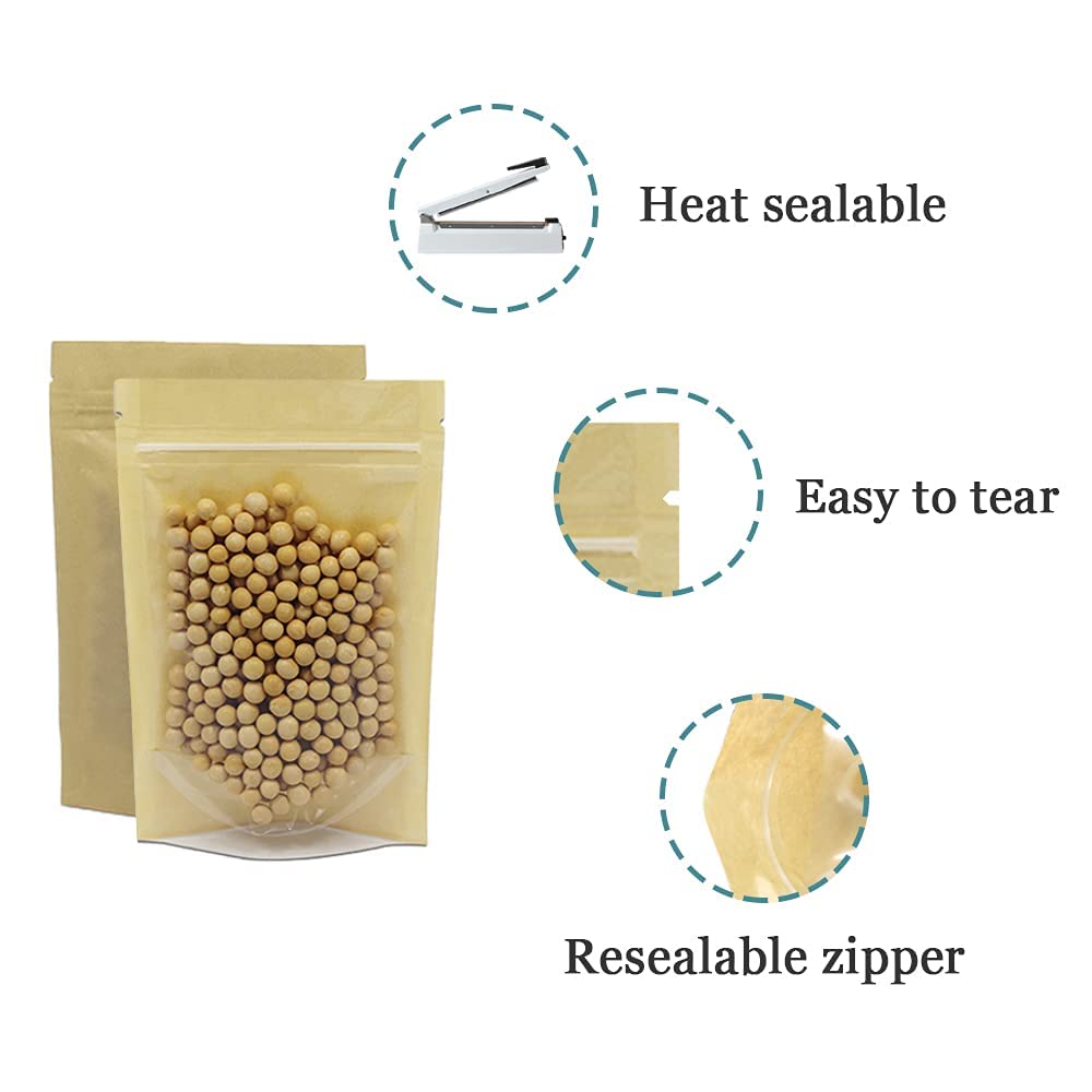 FERENLI 50 Pcs Clear Fornt Brown Kraft Paper for Zip Plastic Package Lock Bag Doypack Stand Up Pouch Zipper Lock Reclosable Pouch Nuts Coffee Food Storage Packaging Pack (3.9x5.9 inch)