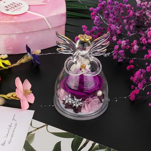 Mothers Day Mom Gifts for Her,Preserved Flowers Rose in Glass Angel Figurines,Birthday Gifts for Women,Mothers Present from Daughter,Purple Flowers Angels for Grandma Wife Sister Girlfriend Valentines