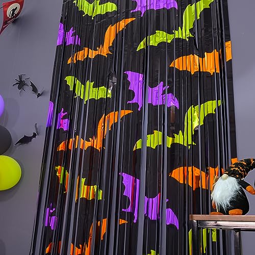 Mega-L Halloween Party Decorations 2 Pack Green Orange Purple Bat Pattern Photo Booth Props, 3.3 X 6.6 ft Metallic Foil Fringe Curtains, Halloween Photo Backdrop Streamers Halloween Party Supplies