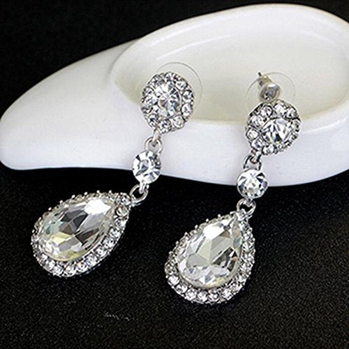 Gorgeous Austrian Cut Crystal Rhinestone Pierced Wedding Bridal Teardrop Drop Dangle Earrings (pierced-white)