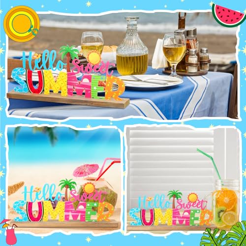 Hello Sweet Summer Metal Sign Rustic Table Decor Holiday Tiered Tray Decor with Wooden Base Freestanding Metal Word Sign for Home Tabletop Centerpiece Mantel Shelf Fireplace