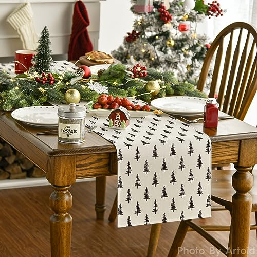 Mode Beige Xmas Tree Christmas Table Runner, Seasonal Winter Kitchen Dining Table Decoration for Home Party Decor 13x72 Inch