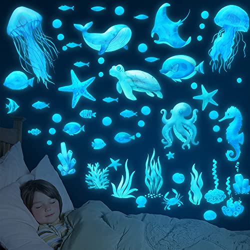 Glow in The Dark Ocean Fish Wall Stickers, Under The Sea Wall Stickers Vinyl Sea Life Wall Decals Removable Waterproof Peel and Stick for Boys Kids Bedroom Bathroom Creatures