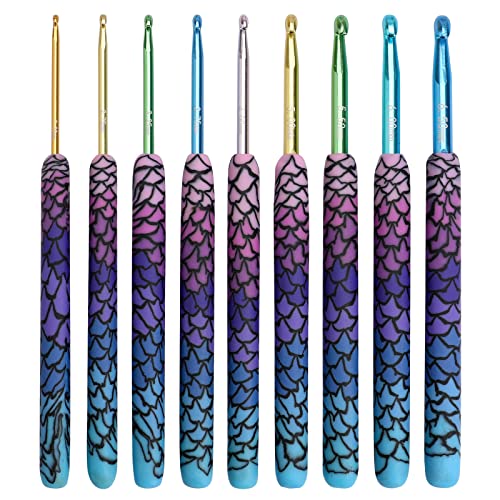 LOOEN 9pcs Magic Mermaid Crochet Hoook Solft Warm Crochet Hook Kit Complete 2.0-6.0mm Aluminum Knitting Hook for Crochet Yarn Craft (Patent Pending) (Mermaid)