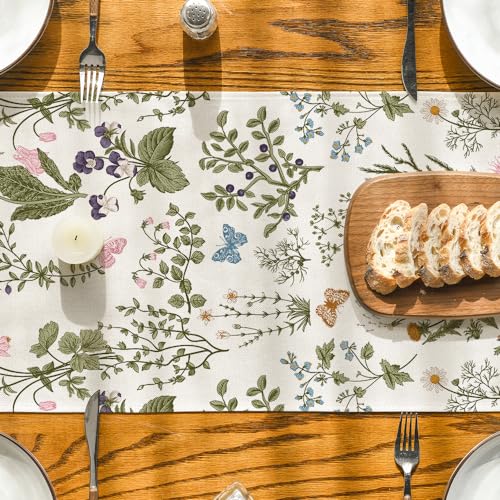 Mode Wildflowers Floral Spring Table Runner, Seasonal Summer Butterfly Kitchen Dining Table Decoration for Home Party 13x72 Inch