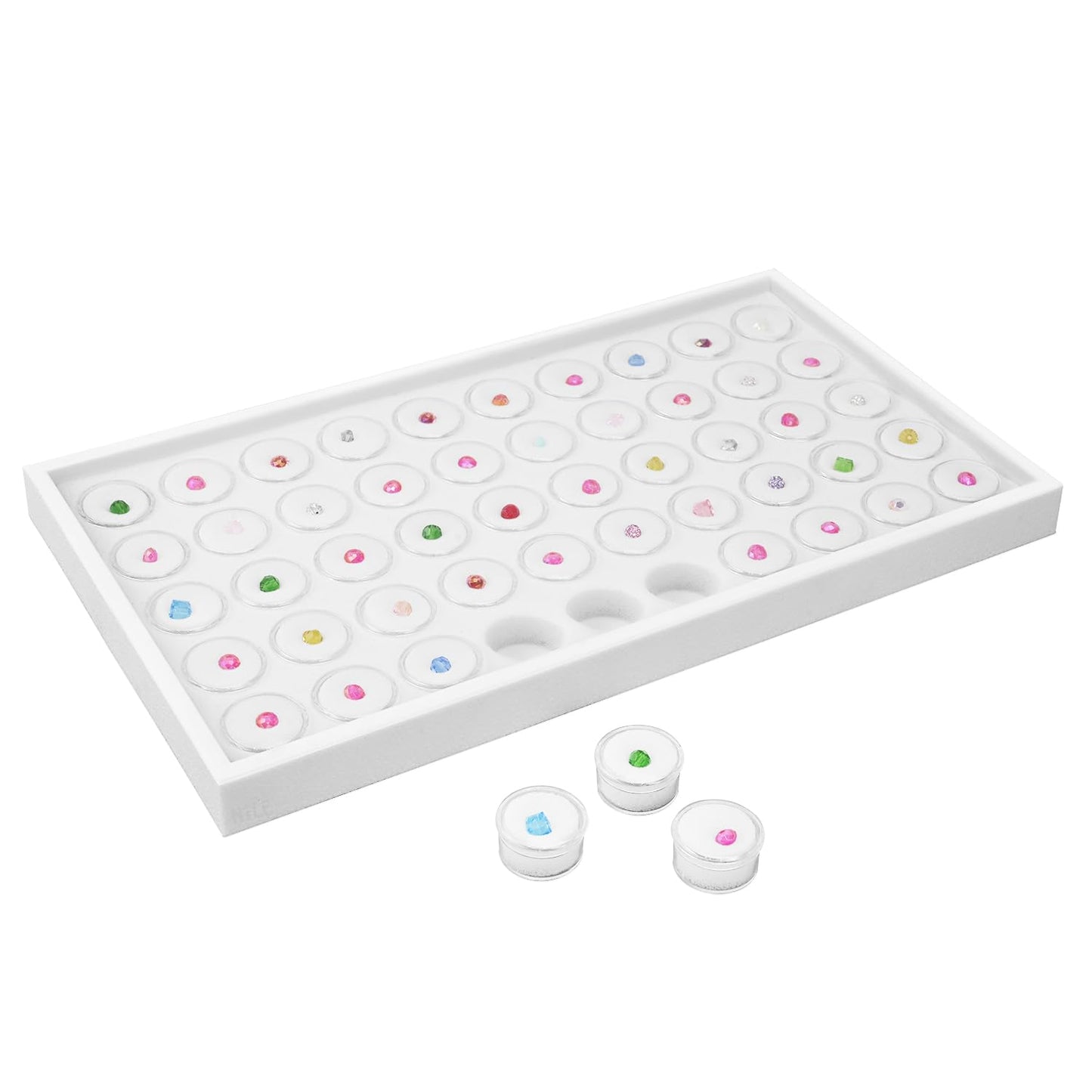 Ikee Design 50 White Foam Gem and Bead Storage Jars Showcase Stackable Display Tray Storage Box for Collectibles, Home Organization, 14.75 W x 8.25 D x 1 H in