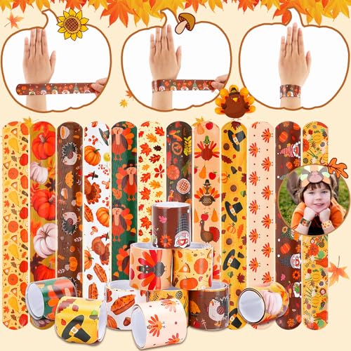 Thanksgiving Slap Bracelets, 56 Pcs Thanksgiving Gifts for Kids Autumn Maple Leaf Turkey Pumpkin Snap Bracelets Wristbands for Fall Party Favors Decorations Student Classroom Prizes