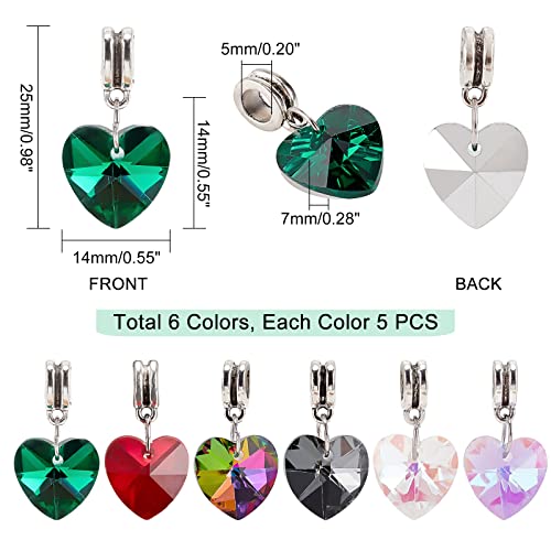 PH PandaHall 6 Colors Heart Glass Charms 30pcs Faceted Heart Pendants Valentine Charms Crystal Dangle Charms with Bail Hanger Large Hole Beads for Wedding Mother Necklace Bracelets Making, Hole: 5mm