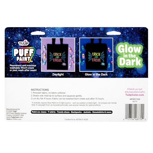 Tulip Puff Paint Glow in the Dark Colors 10-pack, Multi-Surface, Premium Quality, Nontoxic & Waterproof Craft Paint, Permanent on Fabric, 10-pack