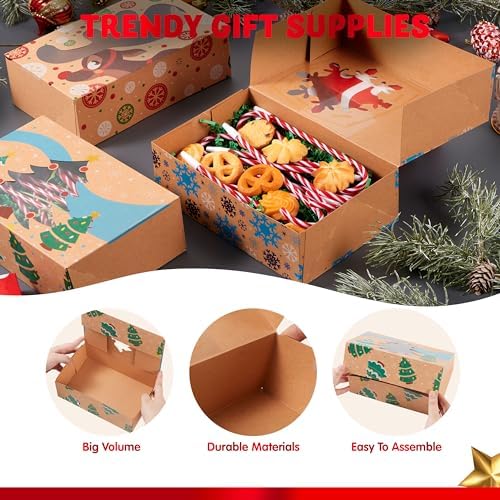 JOYIN 24PCS Christmas Cookie Boxes for Gift Giving, 8.5" x 5.75" x 2.75" Xmas Holiday Treat Cookie Tin with Window, 3 Designs Brown Foiled Kraft Bakery Boxes for Pastries, Cupcakes, Brownies, Doughnut