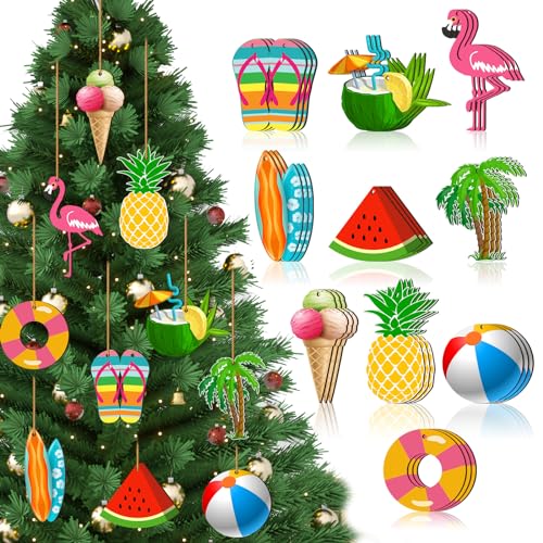 Summer Tree Ornaments Wood Hanging Decoration Beach Wooden Slices Christmas Winter Tree Ornaments with String for Luau Hawaiian Party Supplies(Cute Style, 30 Pieces)