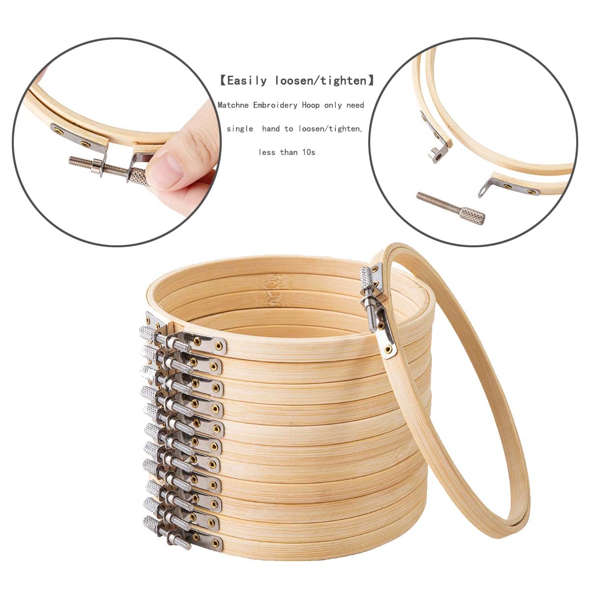 Matchne Embroidery Hoop 12PCS 8 inch Cross Stitch Supplies & Needlework Supplies Easily Loosen/Tighten Bamboo Wooden Hoops for Crafts
