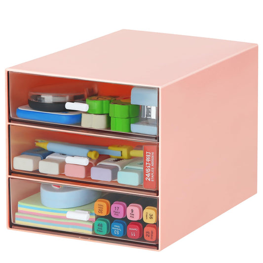 LETURE Desk Organizer with 4 Drawers, Clear Plastic Desk Storage Box, Desktop Organization for Office Supplies, Gel Pens, Pencils, Markers, Tape, Erasers, Paperclips, Chargers (Pink w 3Draws)