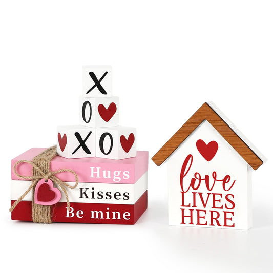Valentines Day Decorations, Wood Book Stack with XOXO Blocks for Table Shelf Tiered Tray Decor, Freestanding Valentines Day Decor