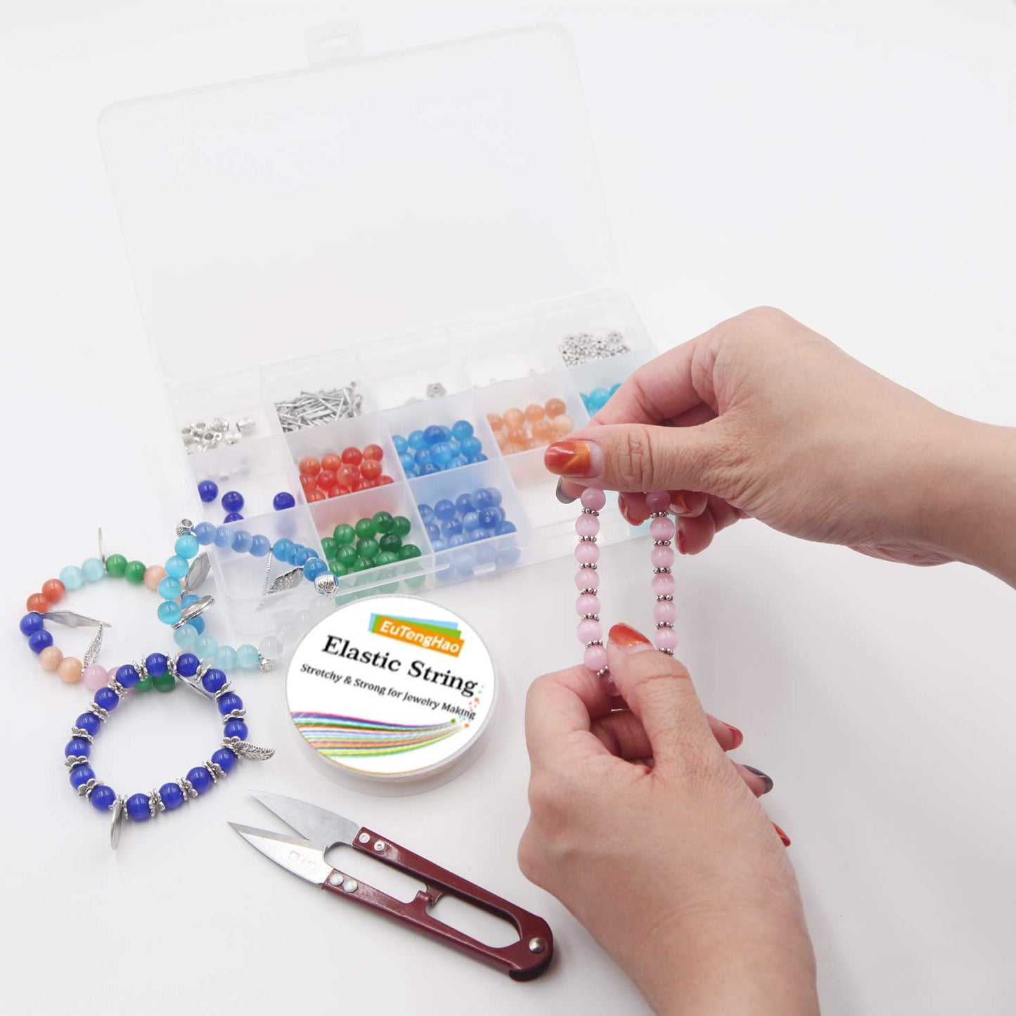 EuTengHao 488Pcs Cat Eye Glass Beads Set Natural Gemstone Round Loose Stone Beads with Pendant Accessories Open Jump Ring Spacer Beads Bracelet String for Bracelet Necklaces Crafting Earrings Jewelry