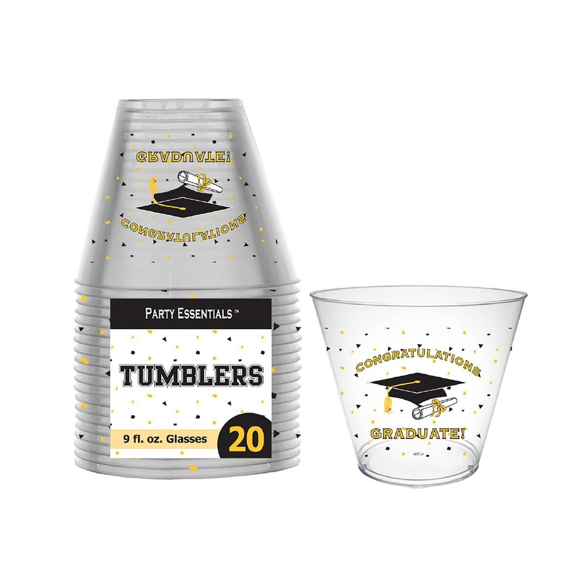 Party Essentials Plastic Printed Party Cups/Tumblers, Graduation, 20-Count,(Pack of 1)