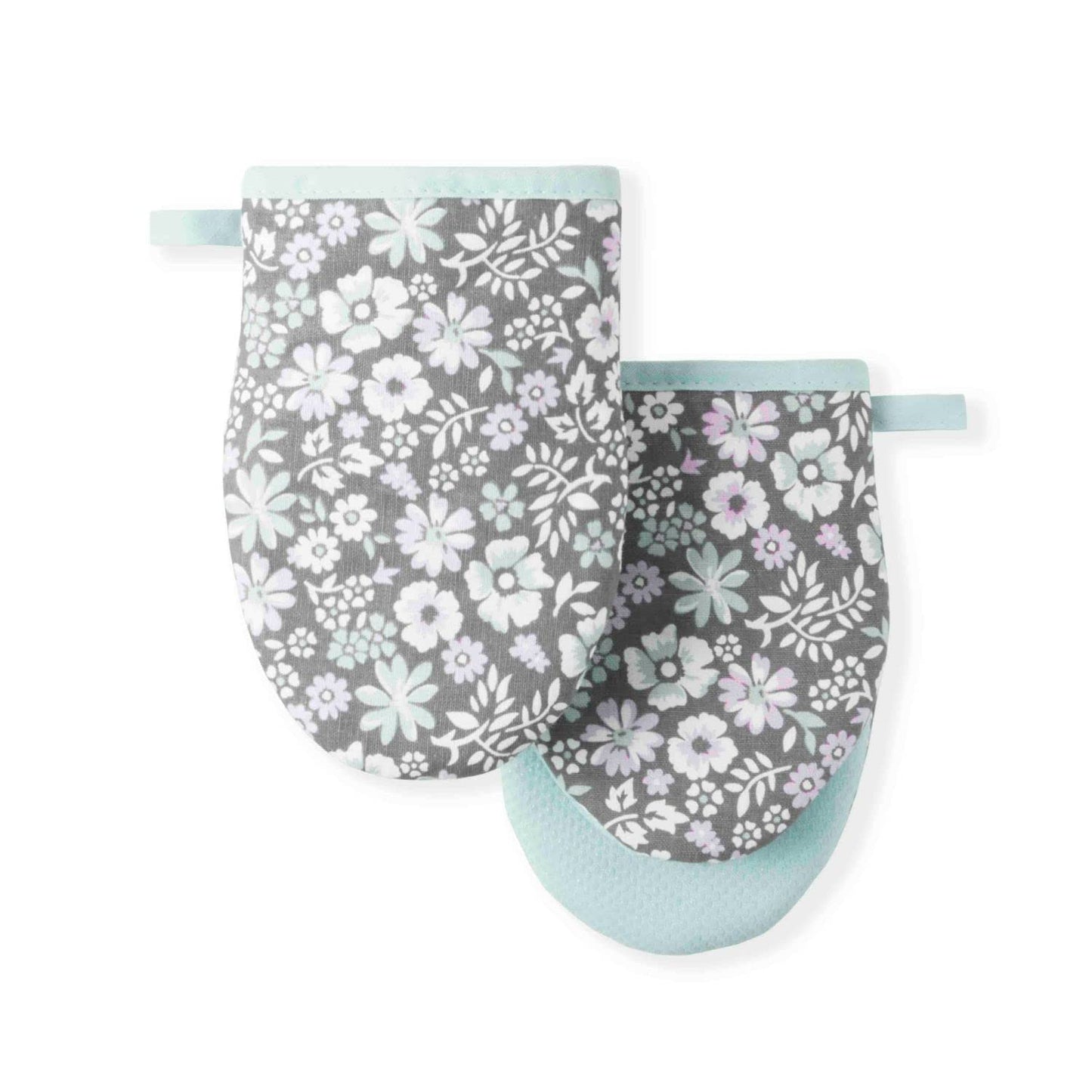 Ditsy Floral Mini Oven Mitt 2-Pack Set, Grey, 5.5"X8"