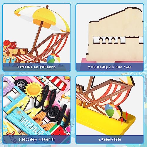 7 Pieces Hello Summer Table Decoration Sign Wooden Centerpieces Beach Gnome Wooden Decor for Farmhouse Summer Beach Home Table Tiered Tray Decor