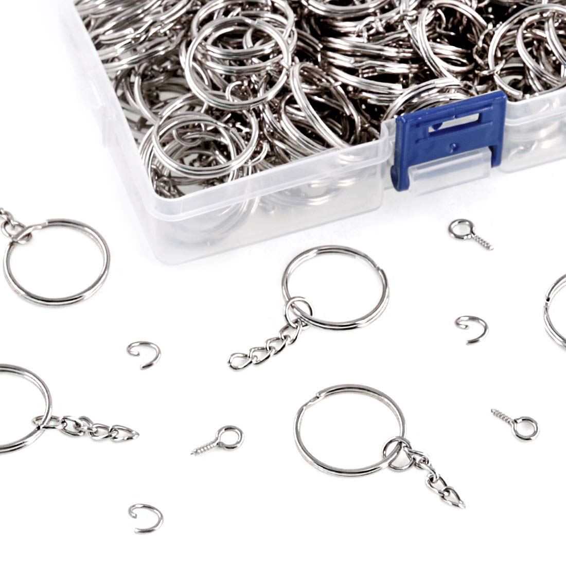 450Pcs 1" 25mm Sliver Key Chain Rings Kit, Including 150Pcs Keychain Rings with Chain and 150Pcs Jump Ring with 150Pcs Screw Eye Pins Bulk for Jewelry Findings Making (Sliver)
