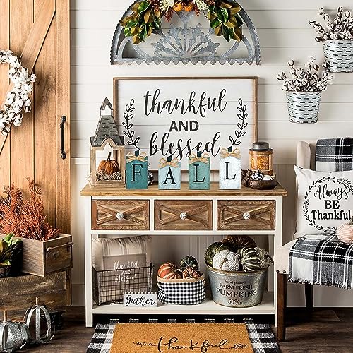 YUJUN 4 PCS Fall Pumpkin Wooden Signs Decoration,Blue Autumn Tiered Tray Pumpkin Tabletop Decor for Thanksgiving Fall Home Kitchen Harvest Party Decor Supplies