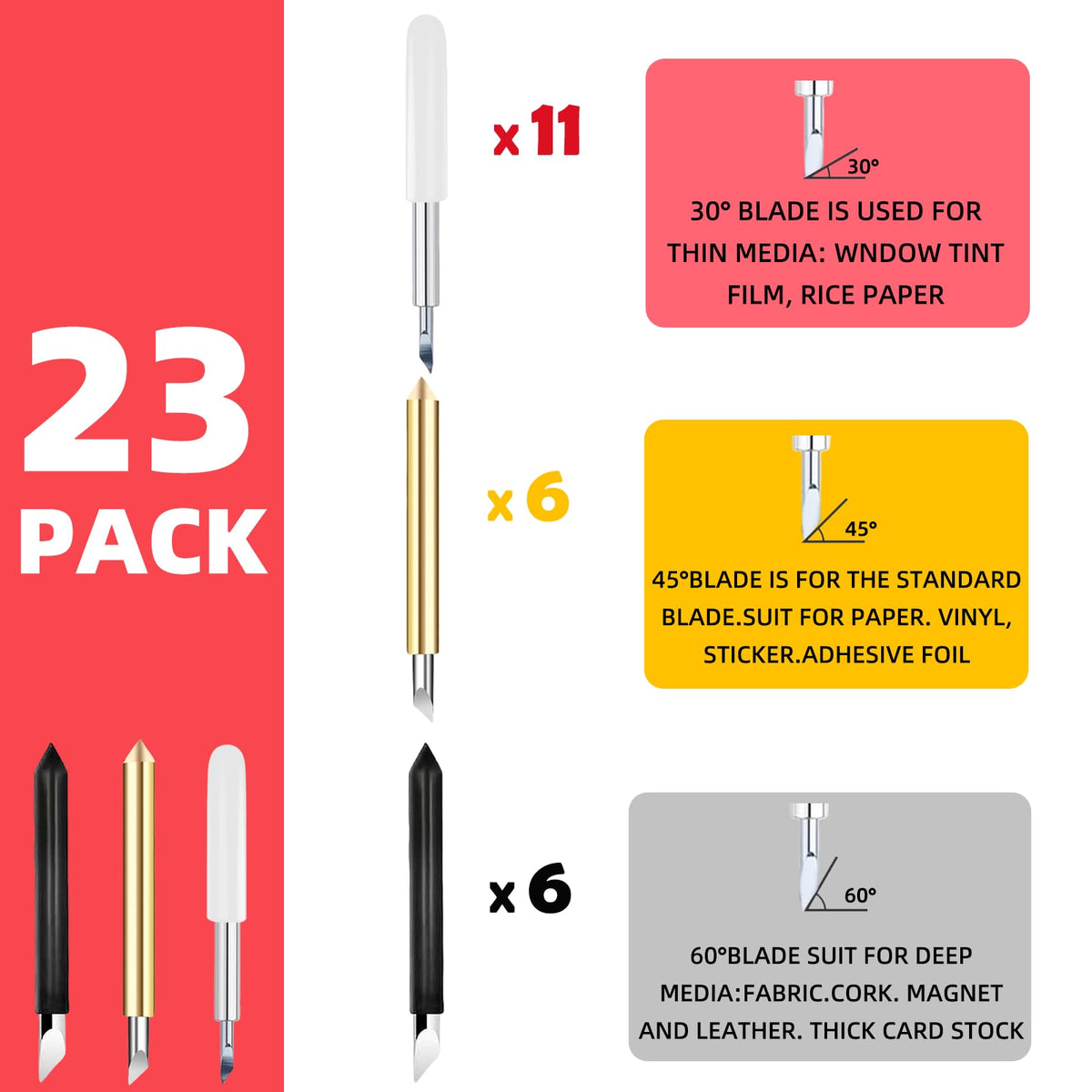 23 Pcs Replacement Blades Compatible with Maker 3/4/Maker/Explore 3/4/Explore Air 2/Air/One/Venture-Includ 11PCS 30°Standard Blades 6 PCS 45°Fine-Point Blades and 6PCS 60°Deep Cutting Blades
