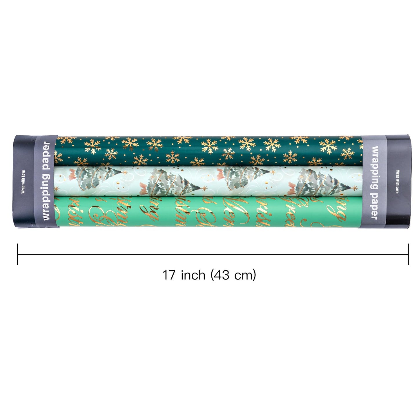 Christmas Wrapping Paper - 3 Rolls, 17 Inch X 120 Inch Each - Green Foil Christmas Tree, Snowflake Designs with Metallic Shine - Perfect for Christmas, Holiday