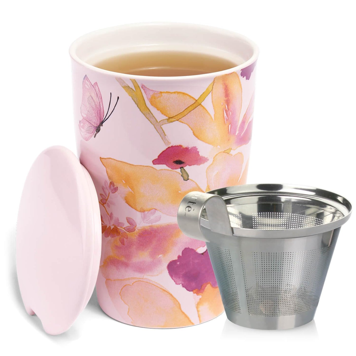 Tea Forte Double-Walled Ceramic Kati Cup, Removable Stainless Steel Infuser Basket and Lid, Steeps 12 oz Loose Leaf Tea, Dishwasher & Microwave Safe, Mariposa