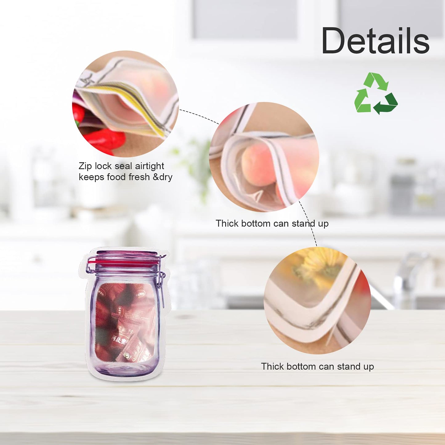 Enkrio 18Pcs Mason Jar Zipper Bags Resuable Snack Bags Portable Food Storage Snack Zipper Bags for Kitchen Travel Camping Picnic Organizer (18M)