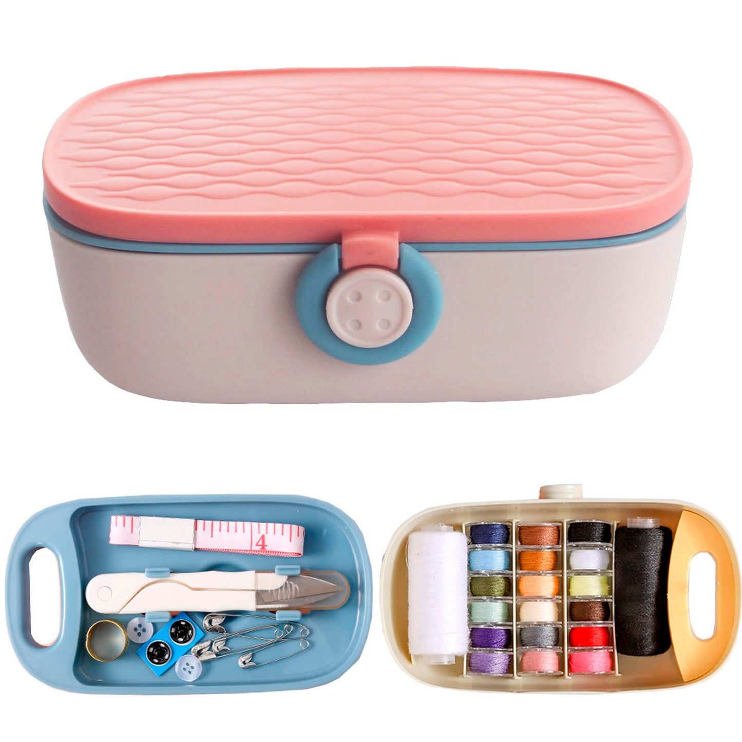 Missraza Sewing Kit, Portable Kit for Adults, Plastic Box Needle and Thread Accesories Supplies Pink 15.5x6cm(6.1x2.36in)