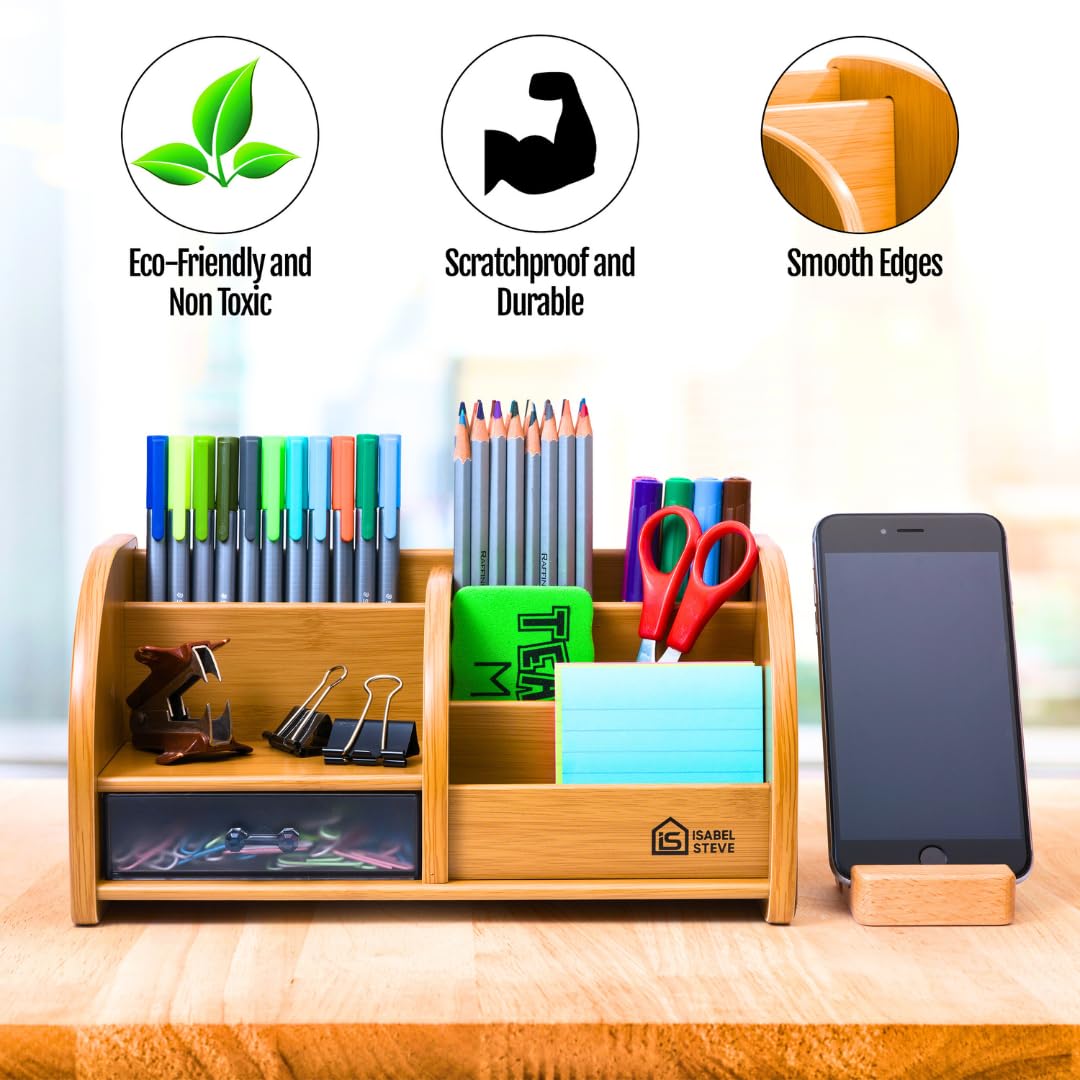 Desktop Organizer with Double-Slot Cell Phone Holder, Wooden Multifunctional Desk Storage Box with Drawer for Work from Home Office Supplies, Students, Desk Accessories, Phone Stand, Charging Station