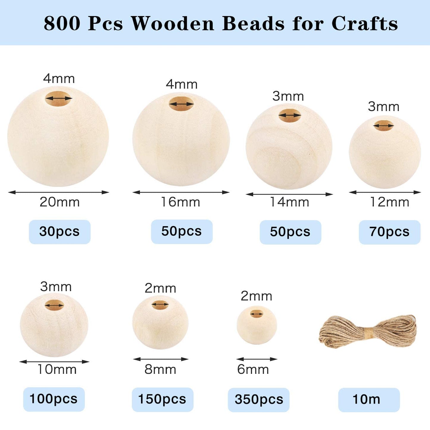 UOONY 800pcs Wooden Beads for Crafts 7 Sizes Unfinished Natural Wood Beads Wooden Beads Bulk 6mm, 8mm, 10mm, 12mm, 14mm, 16mm, 20mm Beads for Garland Macrame Jewelry Making DIY Farmhouse Decor
