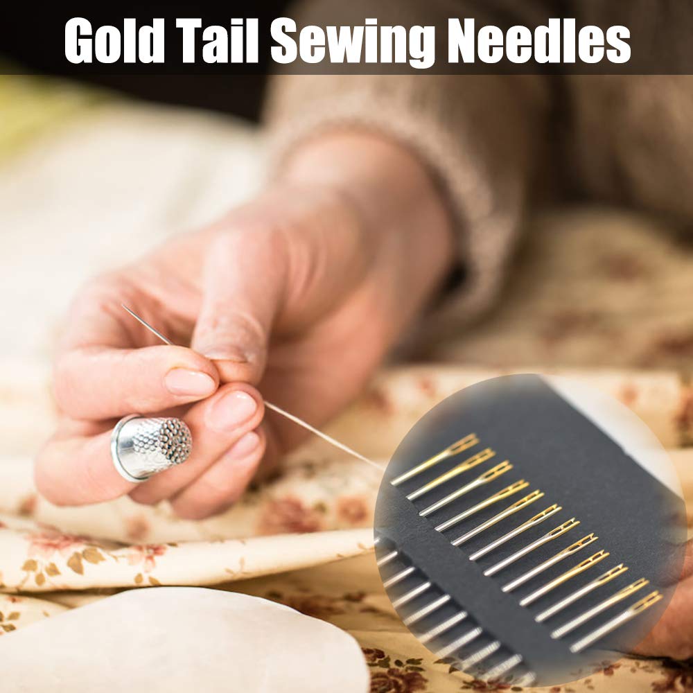 Self-Threading Needles, Sewing Needles, Needle Threader with Needle case Carving Pattern, Threaded from The top, Golden, 18 Pack